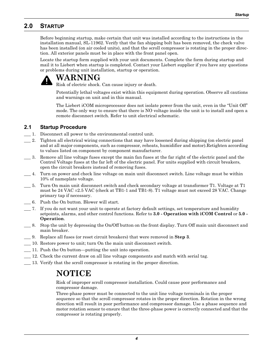 0 startup, 1 startup procedure, Tartup | Startup procedure, Notice, Warning | Emerson Liebert Challenger With Liebert iCOM Control 3000/ITR User Manual | Page 10 / 72