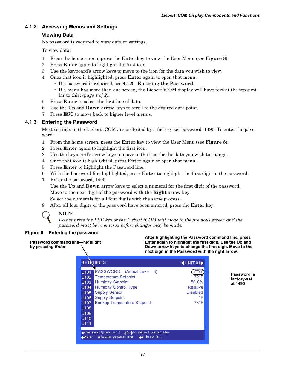 2 accessing menus and settings, Viewing data, 3 entering the password | Figure 6 entering the password, Accessing menus and settings, Entering the password, Figure 6 | Emerson Liebert Challenger With Liebert iCOM Control 3000/ITR User Manual | Page 17 / 72