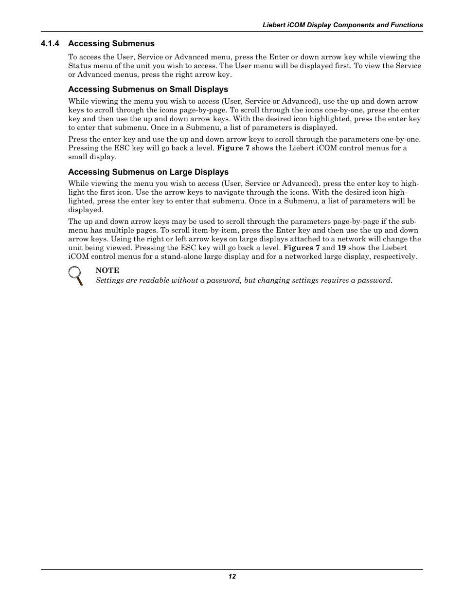 4 accessing submenus, Accessing submenus on small displays, Accessing submenus on large displays | Accessing submenus | Emerson Liebert Challenger With Liebert iCOM Control 3000/ITR User Manual | Page 18 / 72