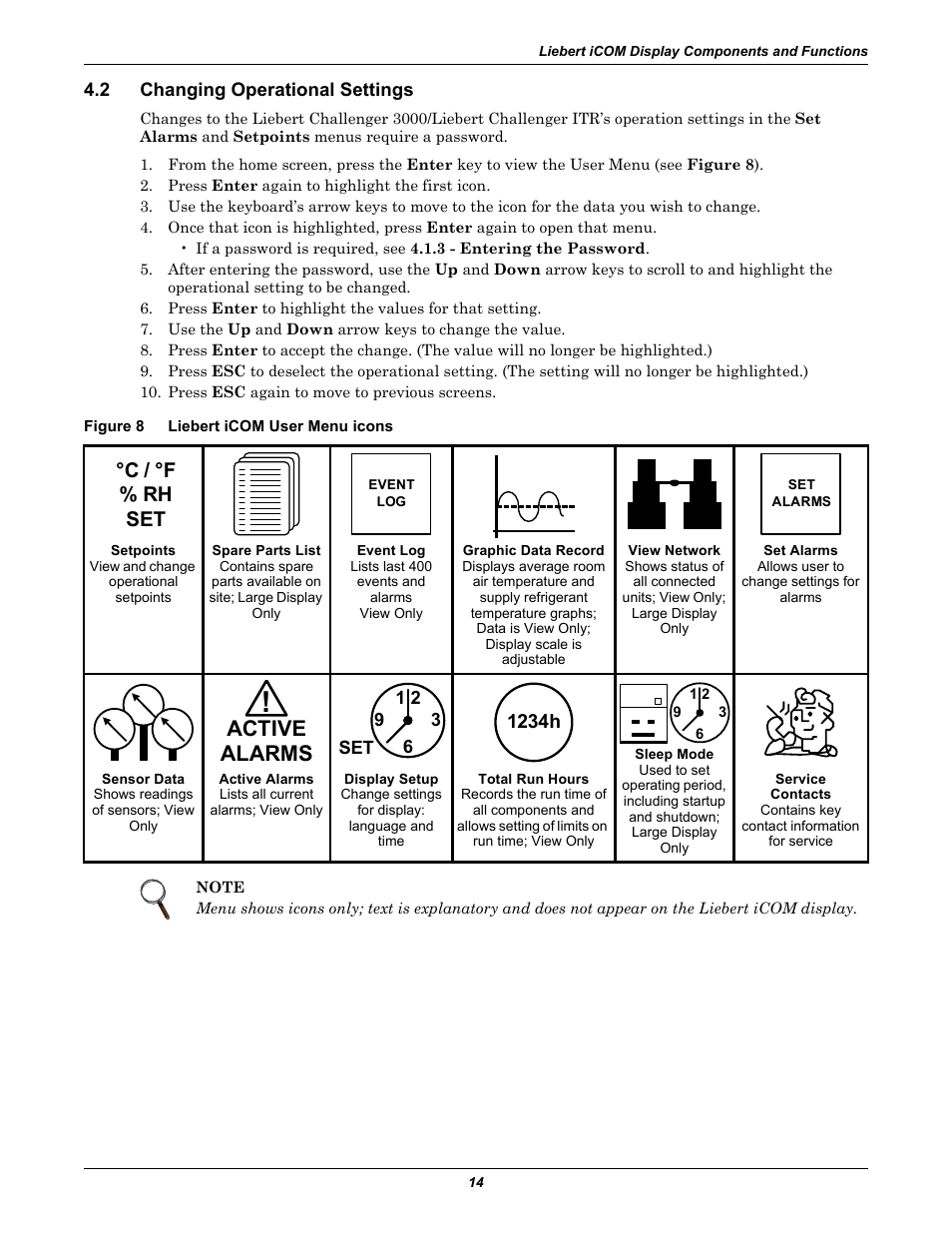 2 changing operational settings, Figure 8 liebert icom user menu icons, Changing operational settings | Figure 8, Liebert icom user menu icons, Active alarms, C / °f % rh set, 1234h | Emerson Liebert Challenger With Liebert iCOM Control 3000/ITR User Manual | Page 20 / 72