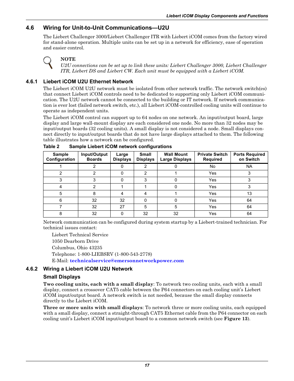 6 wiring for unit-to-unit communications—u2u, 1 liebert icom u2u ethernet network, Table 2 sample liebert icom network configurations | 2 wiring a liebert icom u2u network, Small displays, Wiring for unit-to-unit communications—u2u, Liebert icom u2u ethernet network, Wiring a liebert icom u2u network, Table 2, Sample liebert icom network configurations | Emerson Liebert Challenger With Liebert iCOM Control 3000/ITR User Manual | Page 23 / 72