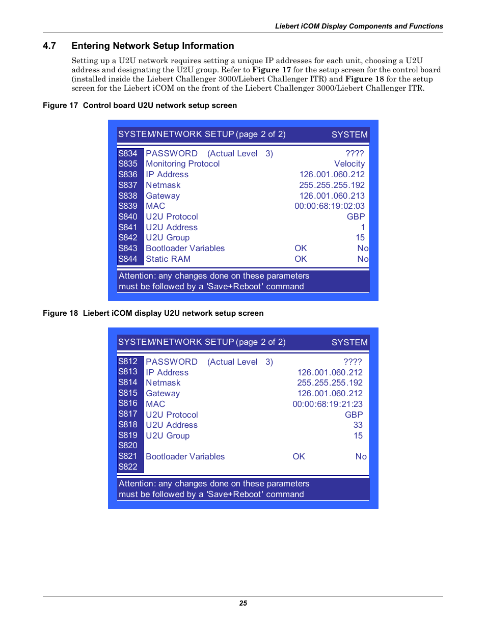 7 entering network setup information, Figure 17 control board u2u network setup screen, Entering network setup information | Emerson Liebert Challenger With Liebert iCOM Control 3000/ITR User Manual | Page 31 / 72