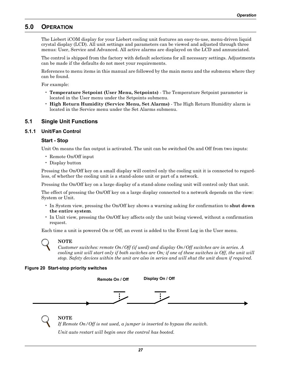 0 operation, 1 single unit functions, 1 unit/fan control | Start - stop, Figure 20 start-stop priority switches, Peration, Single unit functions, Unit/fan control, Operation | Emerson Liebert Challenger With Liebert iCOM Control 3000/ITR User Manual | Page 33 / 72