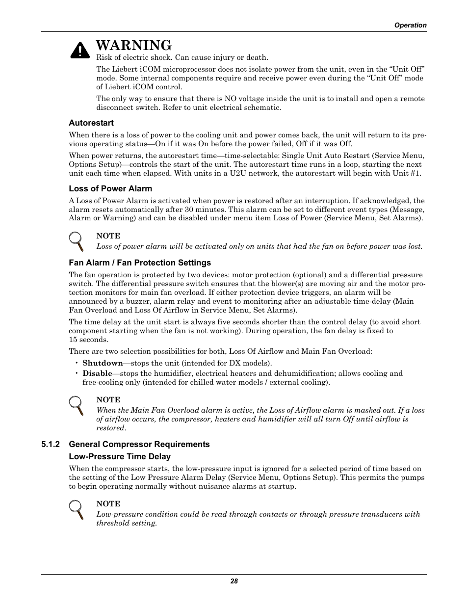 Autorestart, Loss of power alarm, Fan alarm / fan protection settings | 2 general compressor requirements, Low-pressure time delay, General compressor requirements, Warning | Emerson Liebert Challenger With Liebert iCOM Control 3000/ITR User Manual | Page 34 / 72