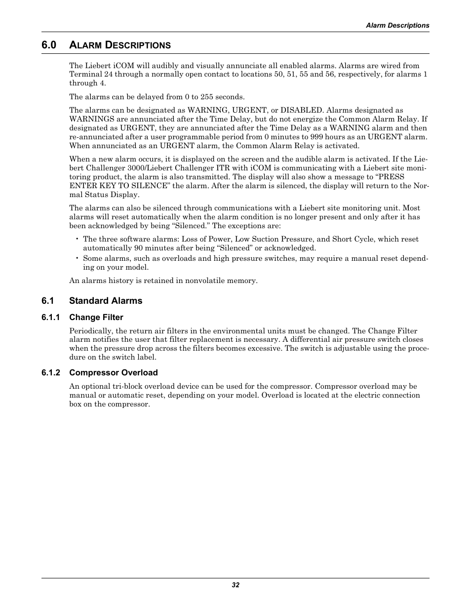 0 alarm descriptions, 1 standard alarms, 1 change filter | 2 compressor overload, Larm, Escriptions, Standard alarms, Change filter, Compressor overload | Emerson Liebert Challenger With Liebert iCOM Control 3000/ITR User Manual | Page 38 / 72