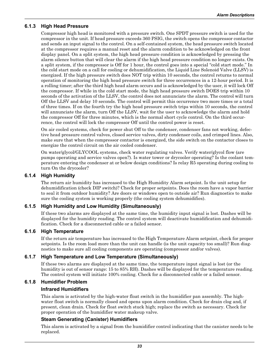 3 high head pressure, 4 high humidity, 5 high humidity and low humidity (simultaneously) | 6 high temperature, 8 humidifier problem, Infrared humidifiers, Steam generating (canister) humidifiers, High head pressure, High humidity, High humidity and low humidity (simultaneously) | Emerson Liebert Challenger With Liebert iCOM Control 3000/ITR User Manual | Page 39 / 72