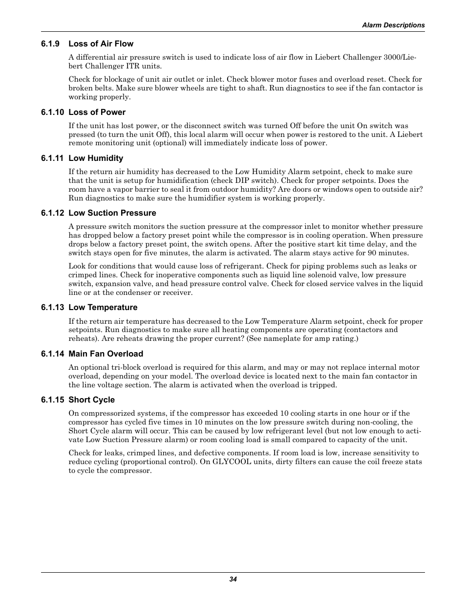 9 loss of air flow, 10 loss of power, 11 low humidity | 12 low suction pressure, 13 low temperature, 14 main fan overload, 15 short cycle, Loss of air flow | Emerson Liebert Challenger With Liebert iCOM Control 3000/ITR User Manual | Page 40 / 72