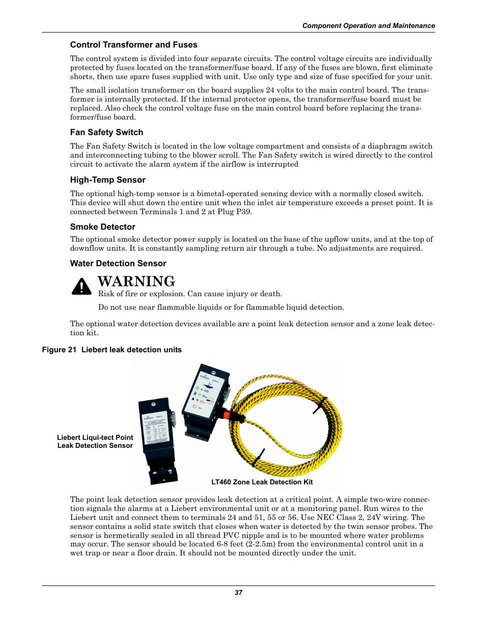 Control transformer and fuses, Fan safety switch, High-temp sensor | Smoke detector, Water detection sensor, Figure 21 liebert leak detection units, Warning | Emerson Liebert Challenger With Liebert iCOM Control 3000/ITR User Manual | Page 43 / 72