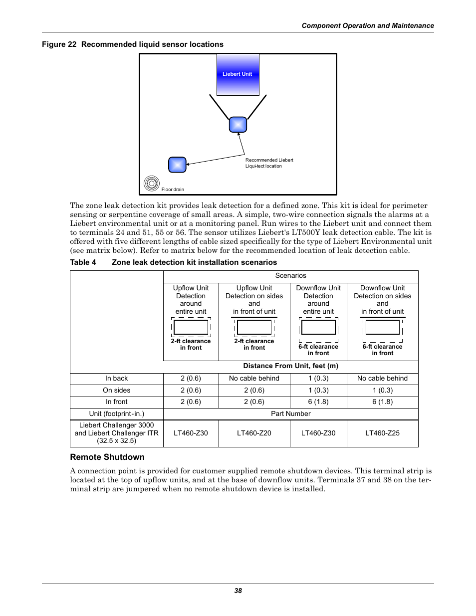 Figure 22 recommended liquid sensor locations, Remote shutdown, Table 4 | Zone leak detection kit installation scenarios | Emerson Liebert Challenger With Liebert iCOM Control 3000/ITR User Manual | Page 44 / 72