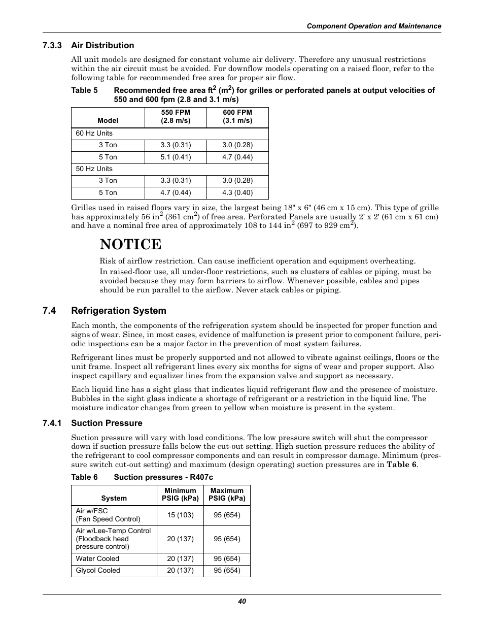 3 air distribution, 4 refrigeration system, 1 suction pressure | Table 6 suction pressures - r407c, Air distribution, Refrigeration system, Suction pressure, Recommended free area ft, Table 6, Suction pressures - r407c | Emerson Liebert Challenger With Liebert iCOM Control 3000/ITR User Manual | Page 46 / 72