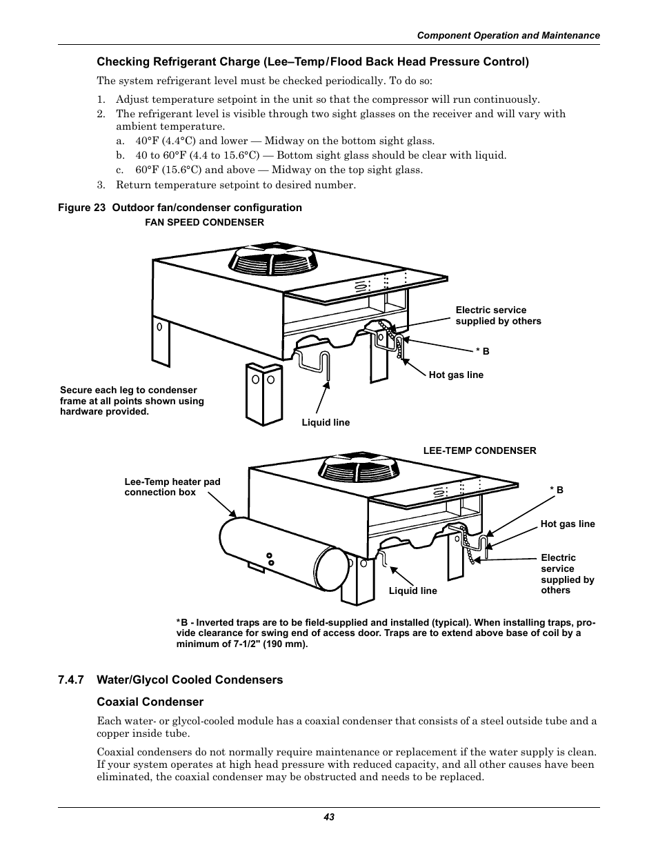 Figure 23 outdoor fan/condenser configuration, 7 water/glycol cooled condensers, Coaxial condenser | Water/glycol cooled condensers | Emerson Liebert Challenger With Liebert iCOM Control 3000/ITR User Manual | Page 49 / 72