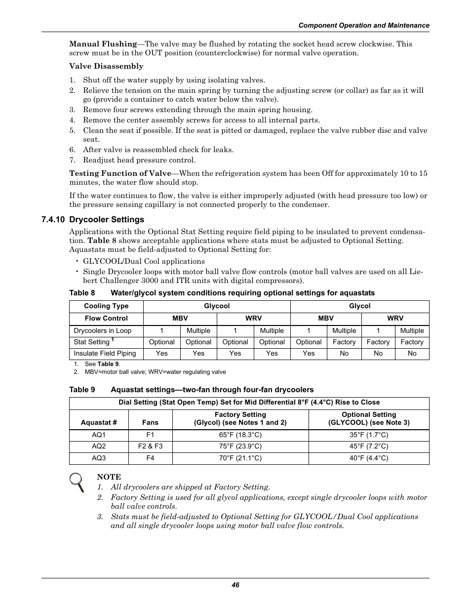 10 drycooler settings, Table 8, Table 9 | Emerson Liebert Challenger With Liebert iCOM Control 3000/ITR User Manual | Page 52 / 72