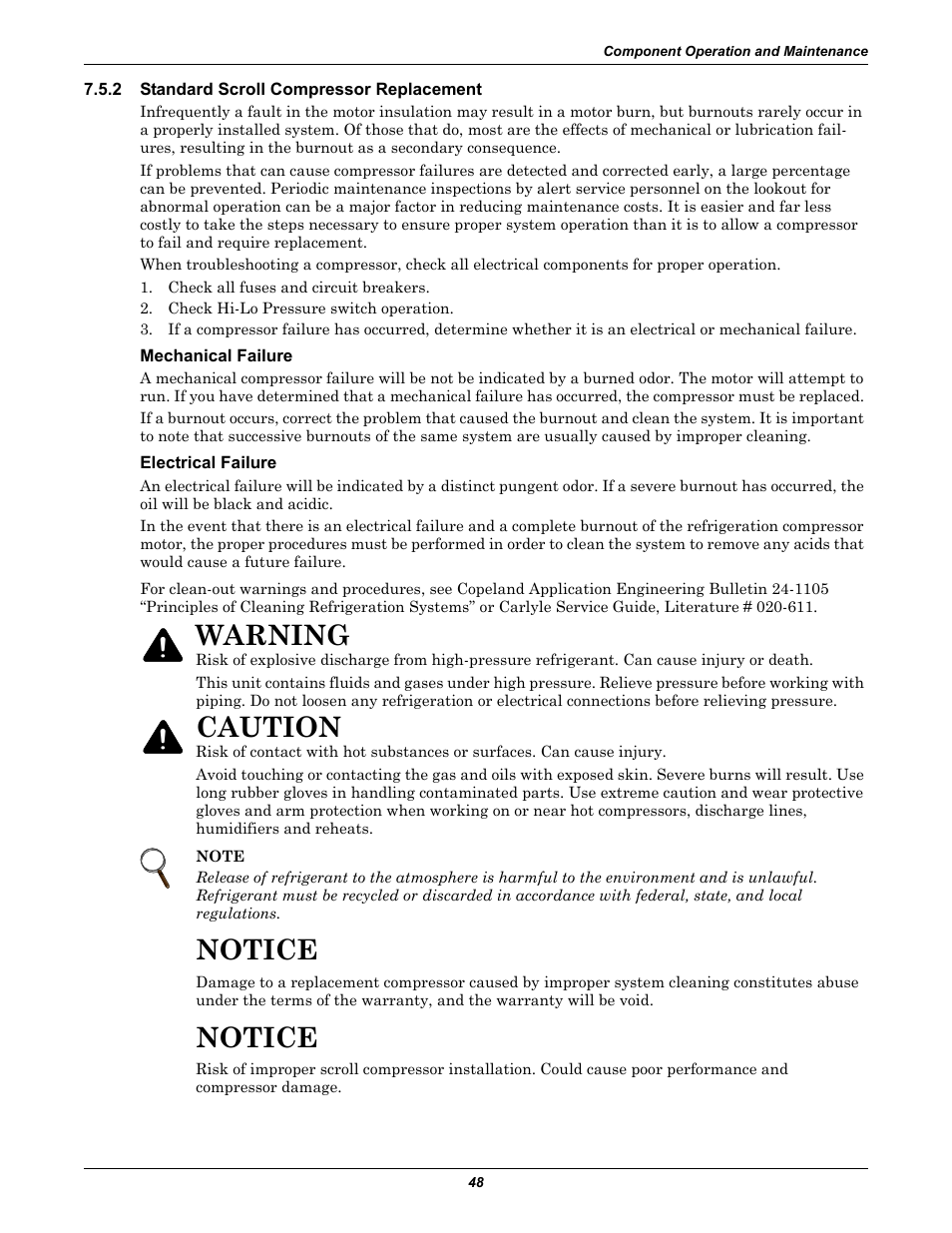 2 standard scroll compressor replacement, Mechanical failure, Electrical failure | Standard scroll compressor replacement, Notice, Warning, Caution | Emerson Liebert Challenger With Liebert iCOM Control 3000/ITR User Manual | Page 54 / 72