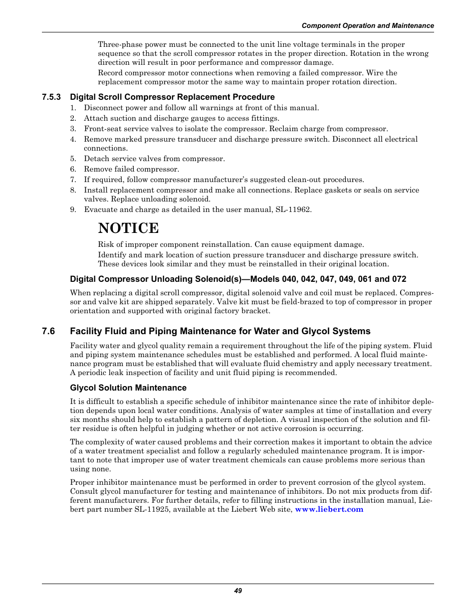 3 digital scroll compressor replacement procedure, Glycol solution maintenance, Digital scroll compressor replacement procedure | Notice | Emerson Liebert Challenger With Liebert iCOM Control 3000/ITR User Manual | Page 55 / 72