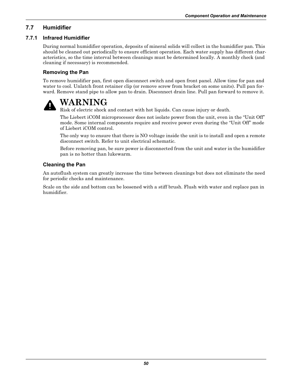 7 humidifier, 1 infrared humidifier, Removing the pan | Cleaning the pan, Humidifier, Infrared humidifier, Warning | Emerson Liebert Challenger With Liebert iCOM Control 3000/ITR User Manual | Page 56 / 72