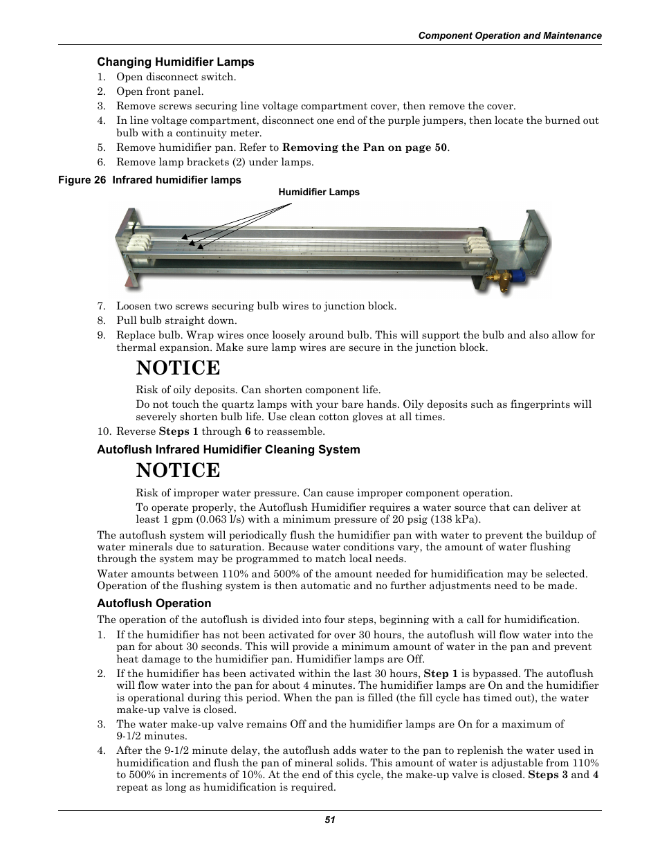 Changing humidifier lamps, Figure 26 infrared humidifier lamps, Autoflush infrared humidifier cleaning system | Autoflush operation, Notice | Emerson Liebert Challenger With Liebert iCOM Control 3000/ITR User Manual | Page 57 / 72