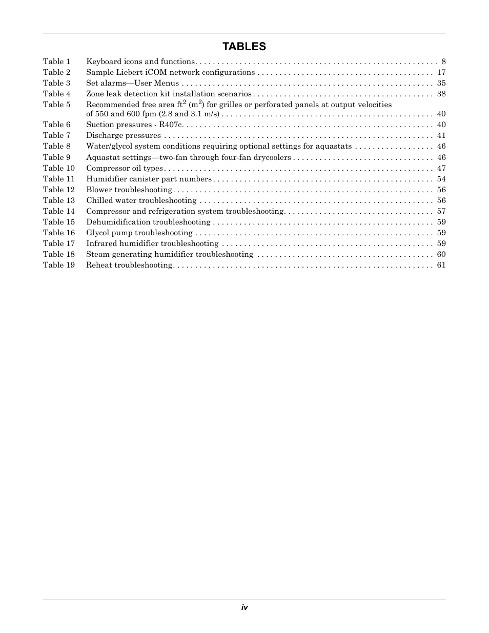 Tables | Emerson Liebert Challenger With Liebert iCOM Control 3000/ITR User Manual | Page 6 / 72