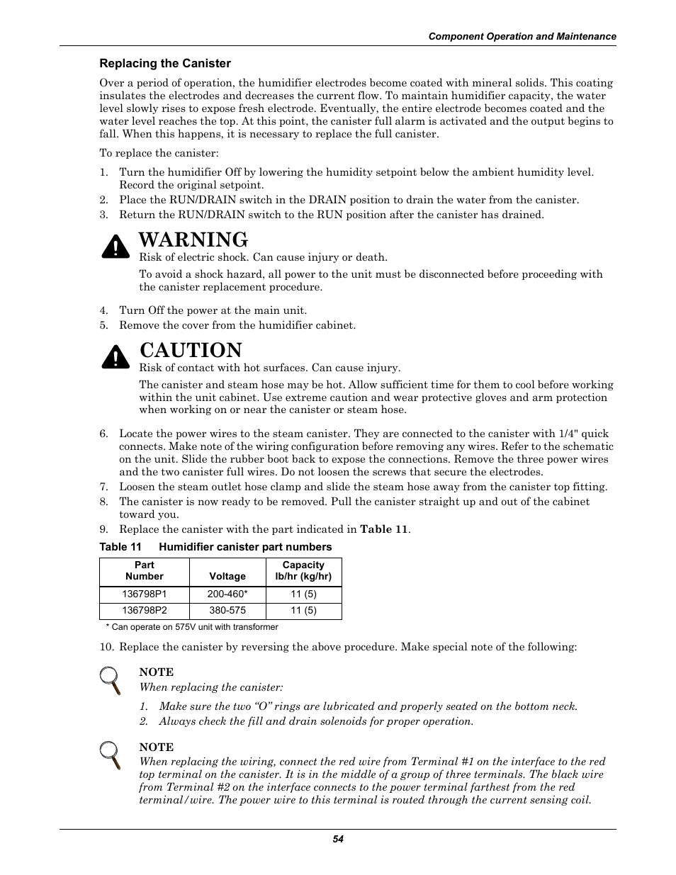 Replacing the canister, Table 11 humidifier canister part numbers, Table 11 | Humidifier canister part numbers, Warning, Caution | Emerson Liebert Challenger With Liebert iCOM Control 3000/ITR User Manual | Page 60 / 72