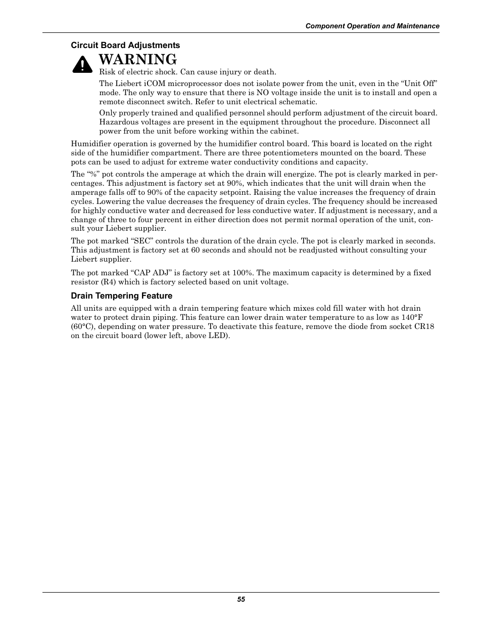 Circuit board adjustments, Drain tempering feature, Warning | Emerson Liebert Challenger With Liebert iCOM Control 3000/ITR User Manual | Page 61 / 72