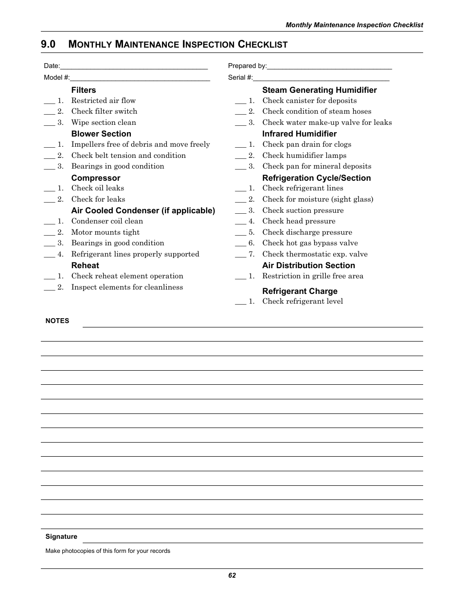 0 monthly maintenance inspection checklist, Filters, Steam generating humidifier | Blower section, Infrared humidifier, Compressor, Refrigeration cycle/section, Air cooled condenser (if applicable), Reheat, Air distribution section | Emerson Liebert Challenger With Liebert iCOM Control 3000/ITR User Manual | Page 68 / 72