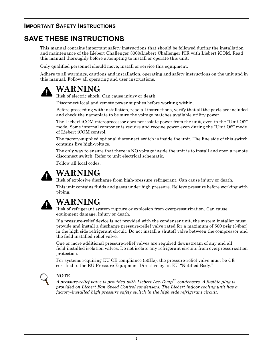 Important safety instructions, Save these instructions, Mportant | Afety, Nstructions, Warning | Emerson Liebert Challenger With Liebert iCOM Control 3000/ITR User Manual | Page 7 / 72