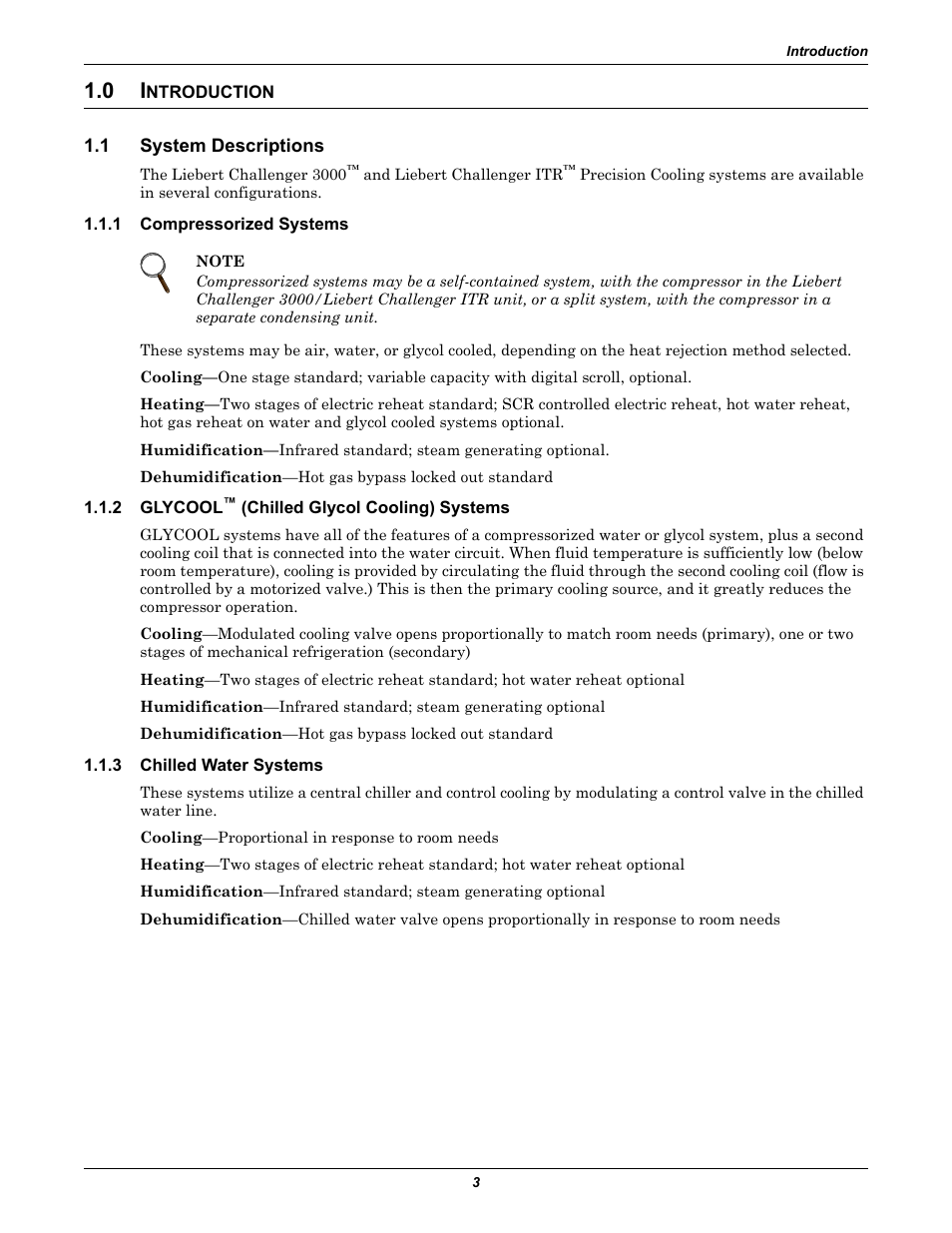 0 introduction, 1 system descriptions, 1 compressorized systems | 2 glycool™ (chilled glycol cooling) systems, 3 chilled water systems, Ntroduction, System descriptions, Compressorized systems, Glycool, Chilled water systems | Emerson Liebert Challenger With Liebert iCOM Control 3000/ITR User Manual | Page 9 / 72