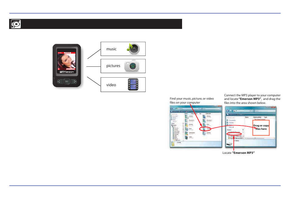 Transferring media files to the player, Transferring media to the player | Emerson EMP413-4 User Manual | Page 12 / 29
