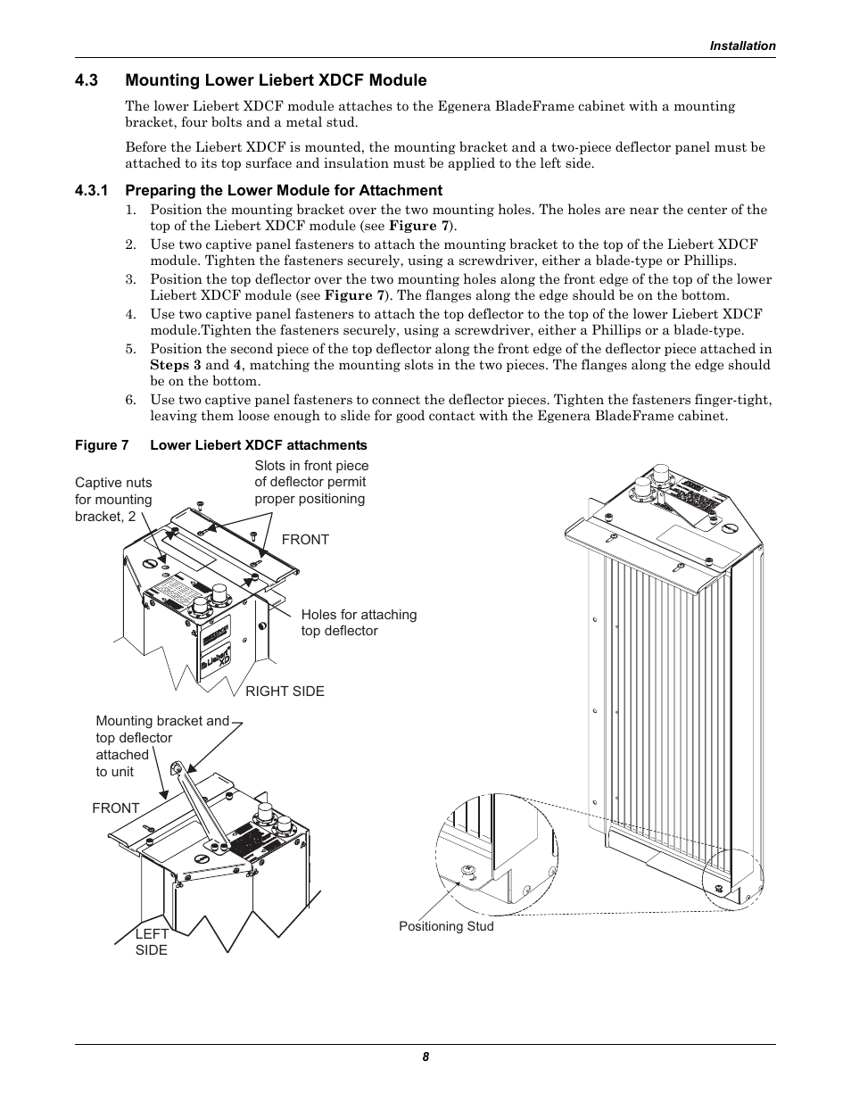 3 mounting lower liebert xdcf module, 1 preparing the lower module for attachment, Figure 7 lower liebert xdcf attachments | Mounting lower liebert xdcf module, Preparing the lower module for attachment, Figure 7, Lower liebert xdcf attachments | Emerson Liebert XDCF User Manual | Page 12 / 28