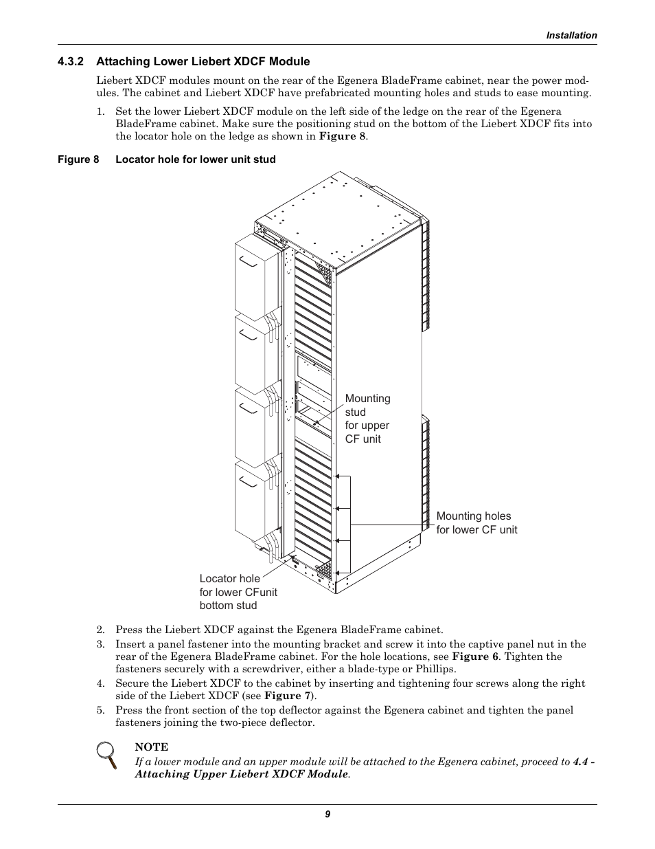 2 attaching lower liebert xdcf module, Figure 8 locator hole for lower unit stud, Attaching lower liebert xdcf module | Figure 8, Locator hole for lower unit stud | Emerson Liebert XDCF User Manual | Page 13 / 28