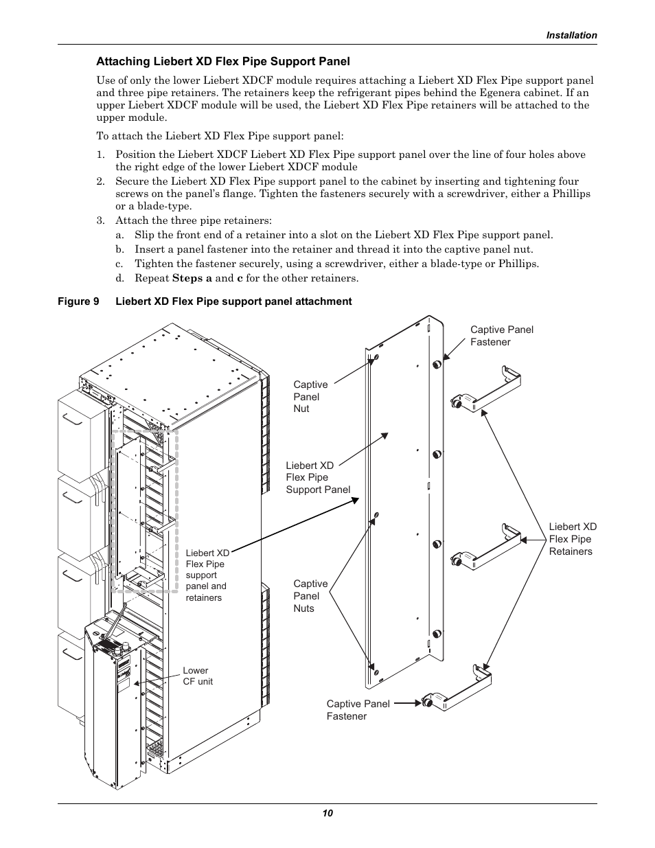 Attaching liebert xd flex pipe support panel, Figure 9, Liebert xd flex pipe support panel attachment | Emerson Liebert XDCF User Manual | Page 14 / 28