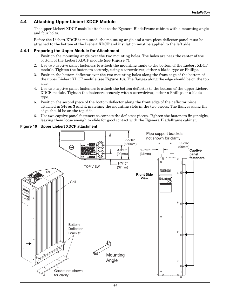 4 attaching upper liebert xdcf module, 1 preparing the upper module for attachment, Figure 10 upper liebert xdcf attachment | Attaching upper liebert xdcf module, Preparing the upper module for attachment, Eed to 4.4, Mounting angle | Emerson Liebert XDCF User Manual | Page 15 / 28
