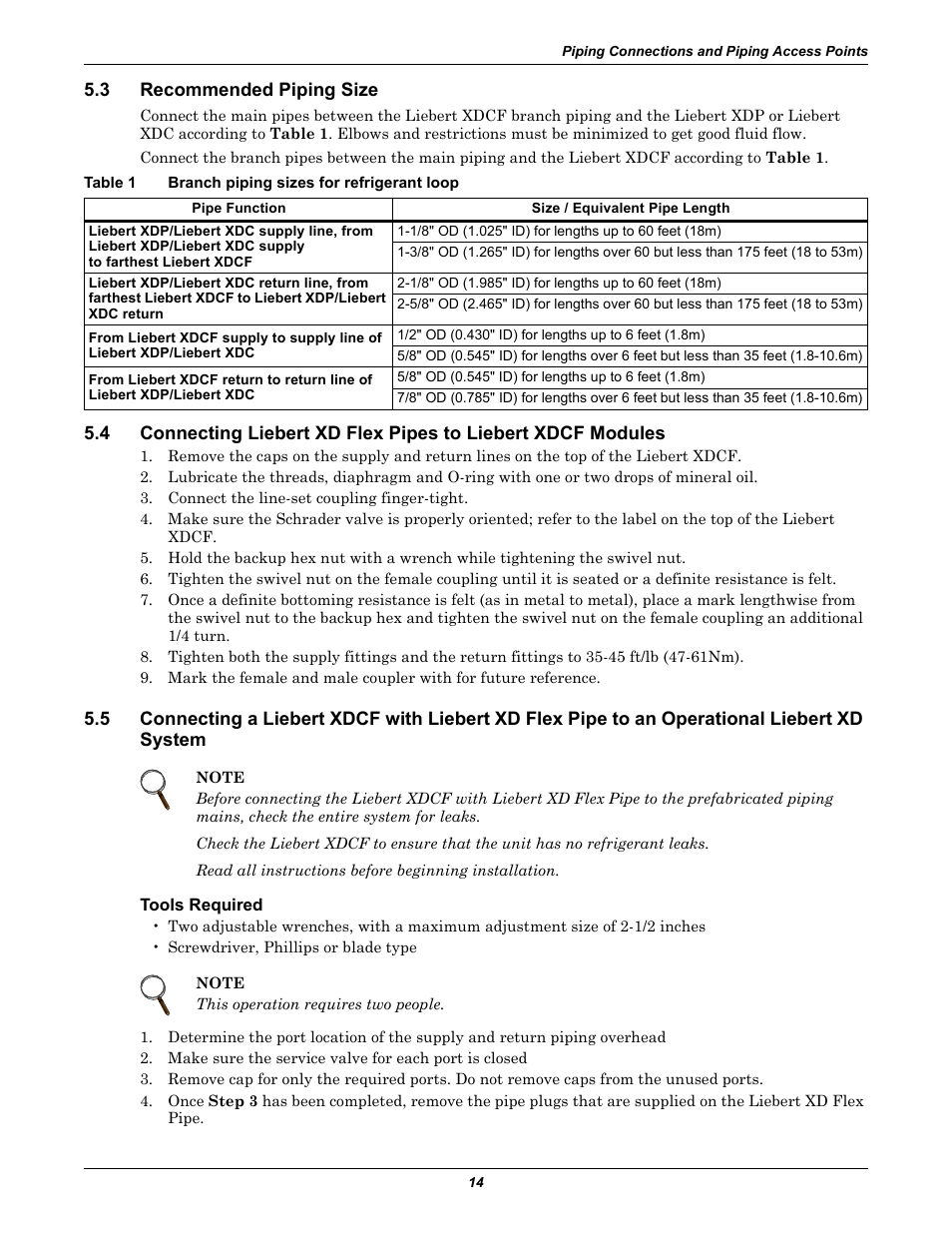 3 recommended piping size, Table 1 branch piping sizes for refrigerant loop, Tools required | Recommended piping size, Table 1, Branch piping sizes for refrigerant loop | Emerson Liebert XDCF User Manual | Page 18 / 28