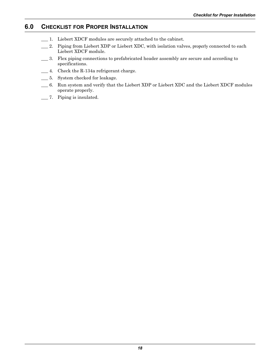 0 checklist for proper installation, Hecklist, Roper | Nstallation | Emerson Liebert XDCF User Manual | Page 22 / 28