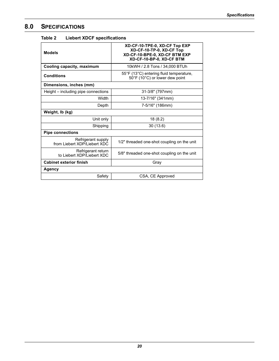 0 specifications, Table 2 liebert xdcf specifications, Pecifications | Table 2, Liebert xdcf specifications | Emerson Liebert XDCF User Manual | Page 24 / 28