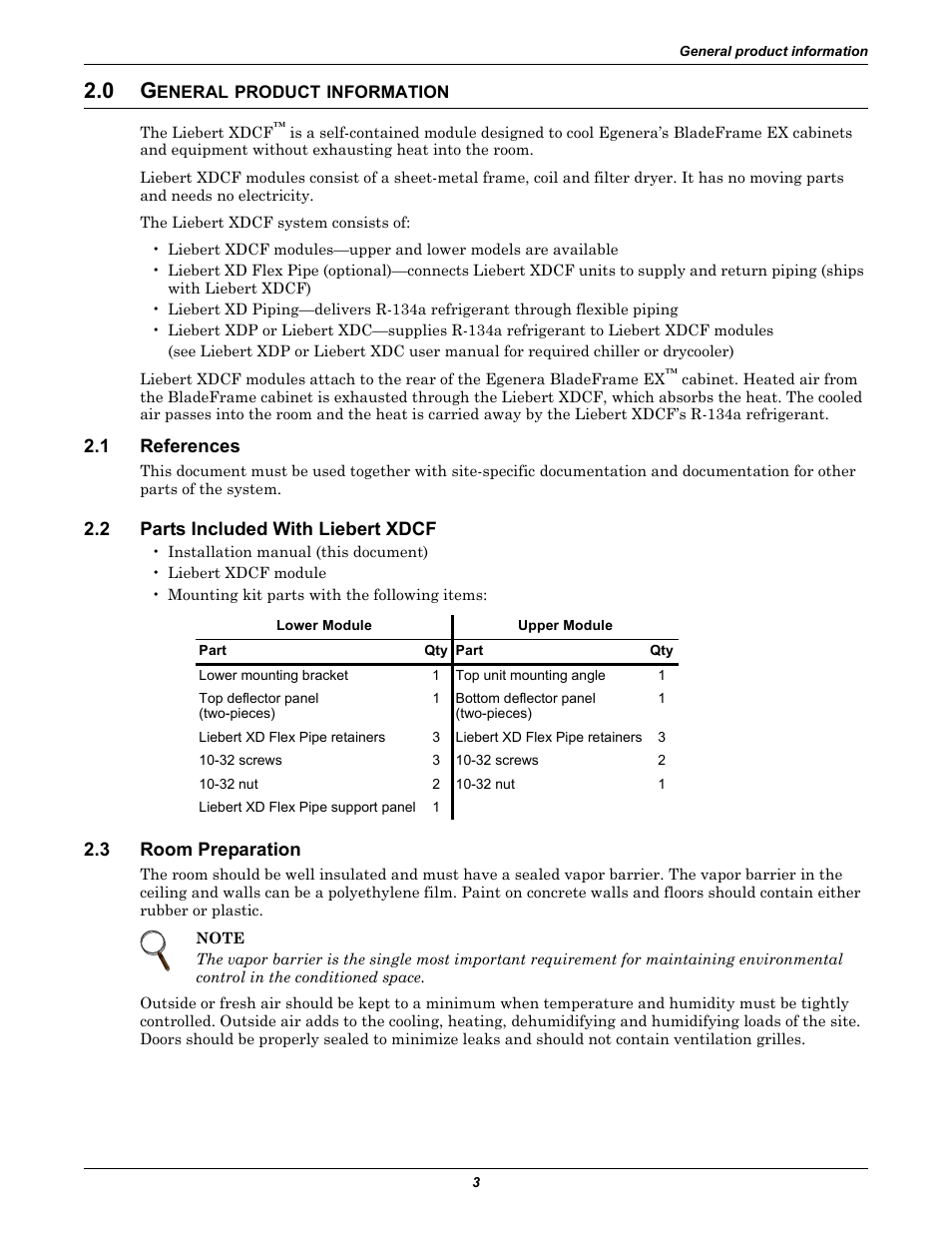 0 general product information, 1 references, 2 parts included with liebert xdcf | 3 room preparation, Eneral, Product, Information, References, Parts included with liebert xdcf, Room preparation | Emerson Liebert XDCF User Manual | Page 7 / 28