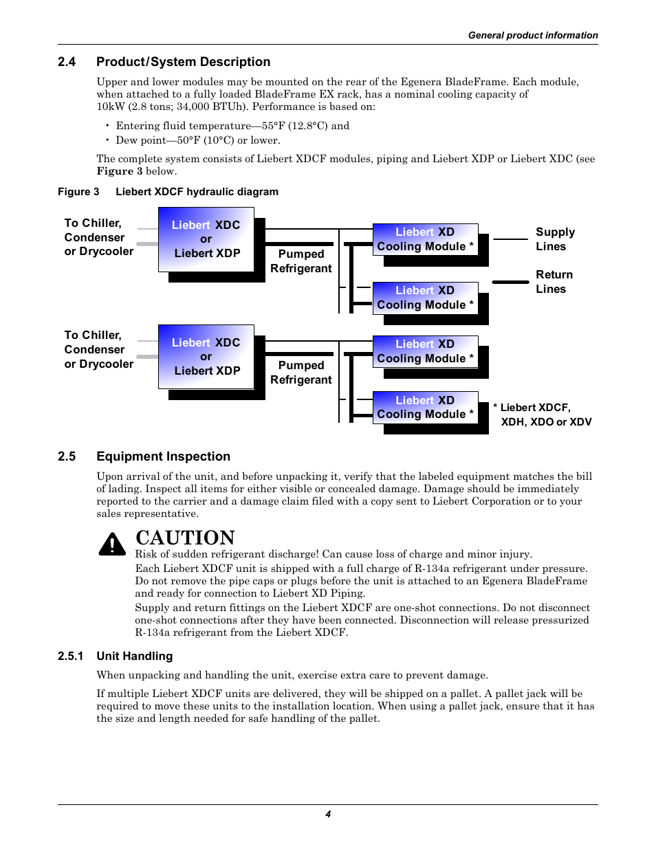 4 product / system description, Figure 3 liebert xdcf hydraulic diagram, 5 equipment inspection | 1 unit handling, Product/system description, Equipment inspection, Unit handling, Figure 3, Liebert xdcf hydraulic diagram, Caution | Emerson Liebert XDCF User Manual | Page 8 / 28