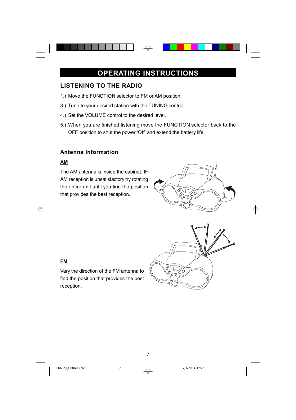 Operating instructions, Listening to the radio | Emerson Radio SB261 User Manual | Page 8 / 16