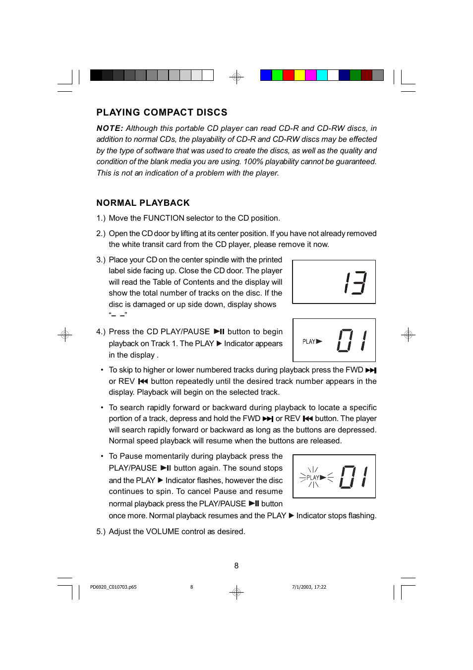 Playing compact discs | Emerson Radio SB261 User Manual | Page 9 / 16