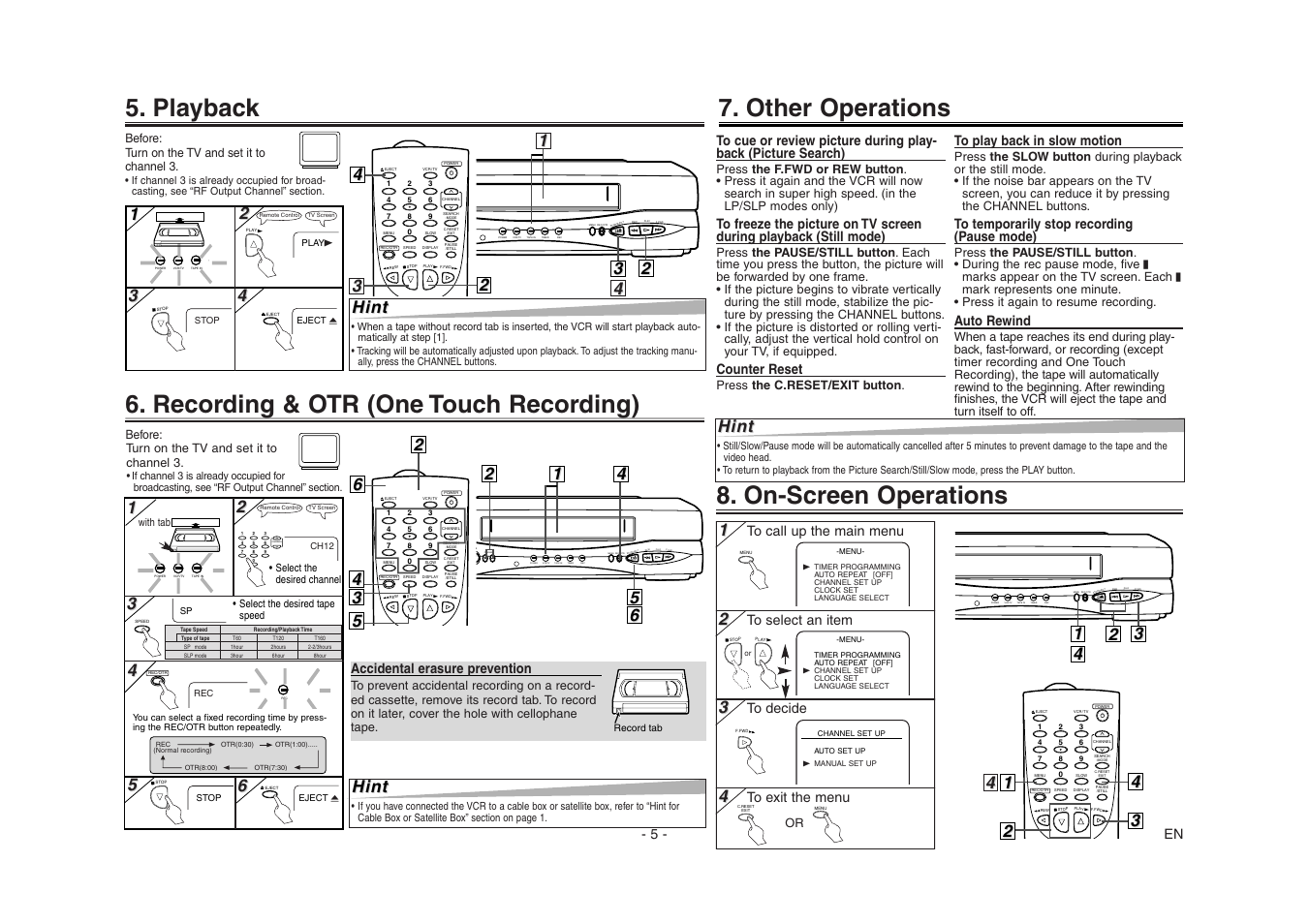 On-screen operations, Recording & otr (one touch recording), Playback | Other operations, Channel, 4hint hint, Hint | Emerson EWV603 User Manual | Page 5 / 8