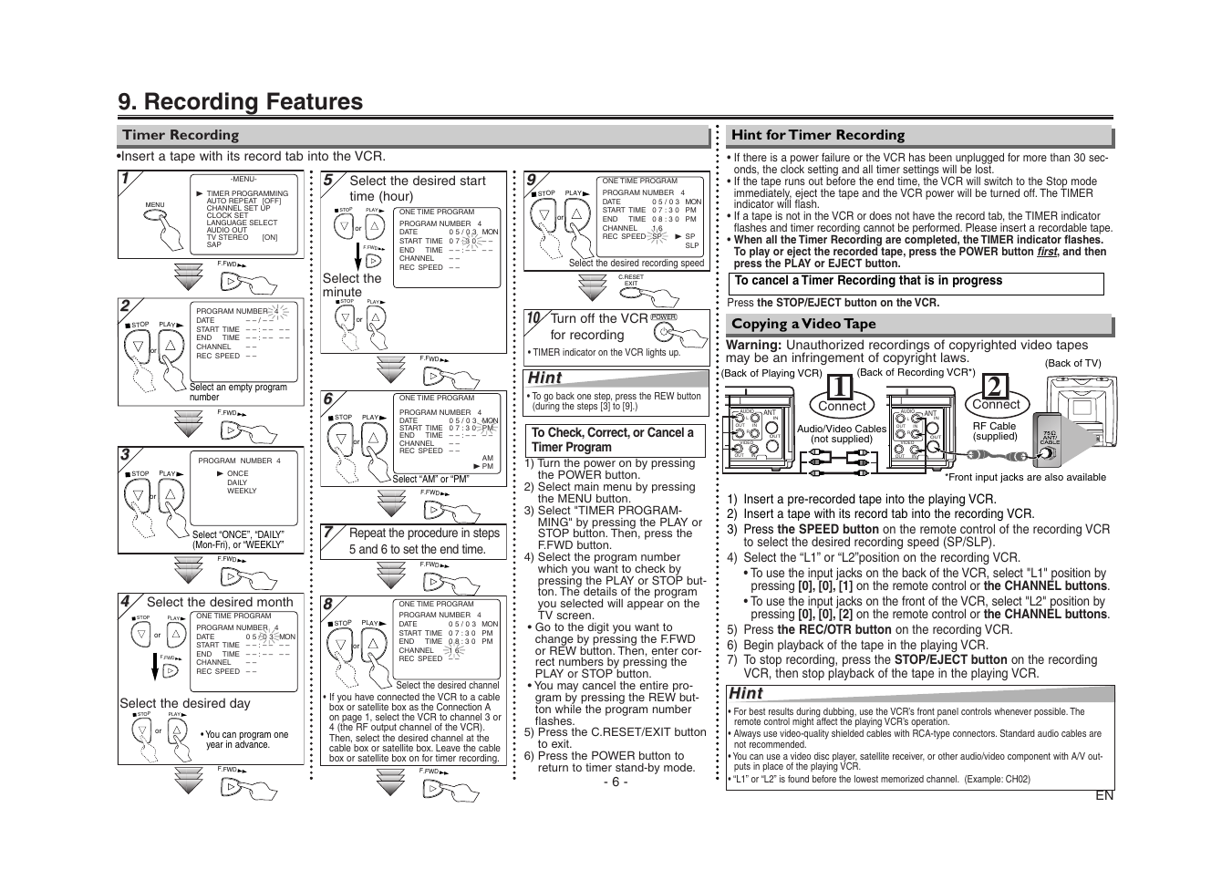 Recording features, Hint, 6 - en | Insert a tape with its record tab into the vcr, Select the desired month select the desired day, Turn off the vcr for recording | Emerson EWV603 User Manual | Page 6 / 8
