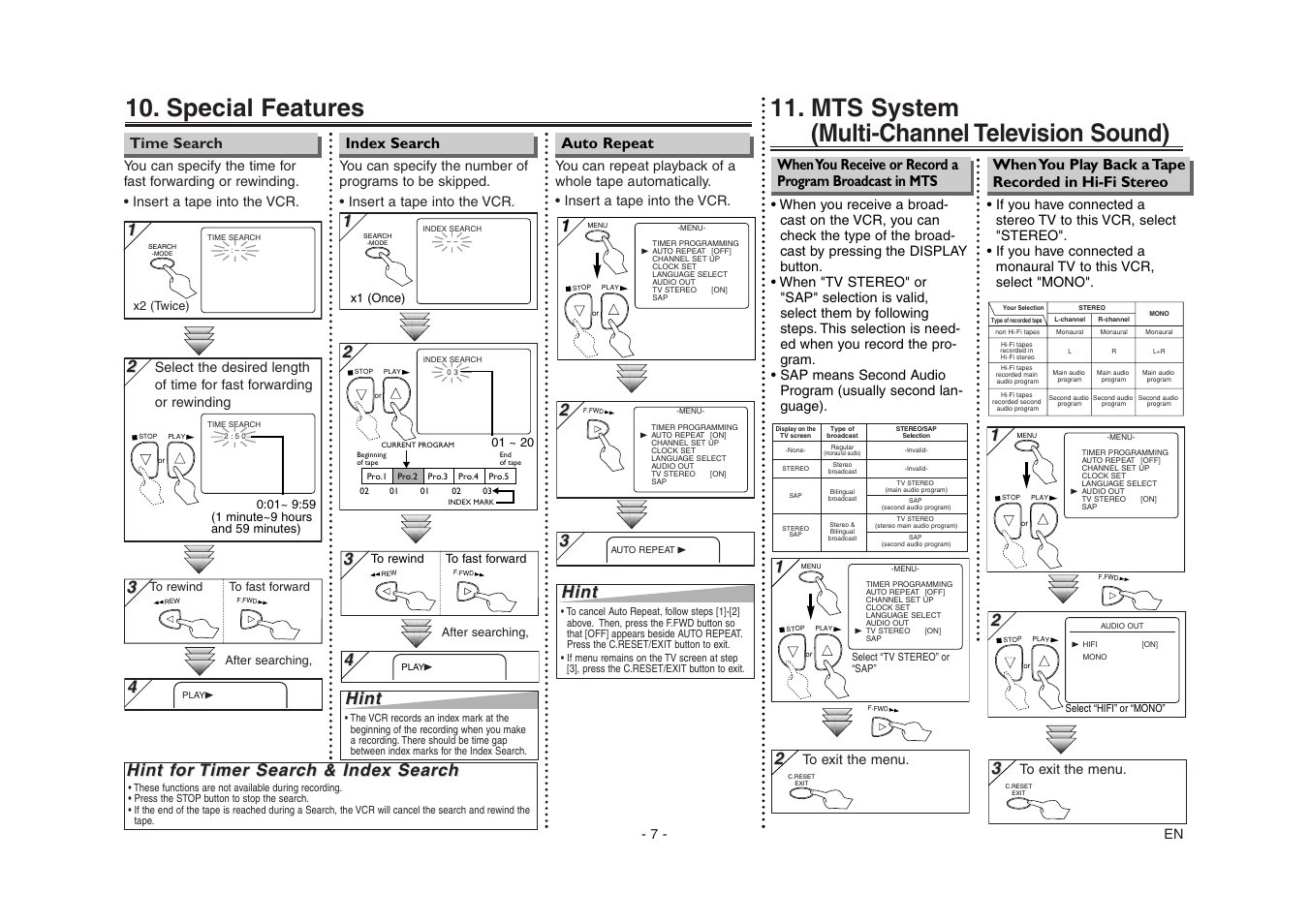 Special features, Mts system (multi-channel television sound), Hint f | Hint | Emerson EWV603 User Manual | Page 7 / 8