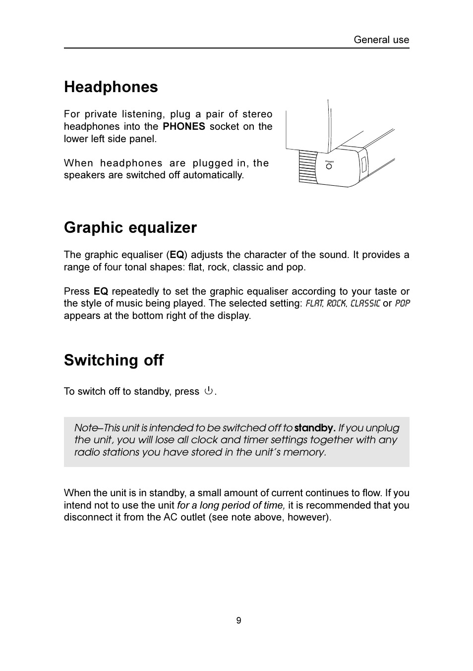 Graphic equalizer, Switching off, Headphones | Emerson Radio MS3100 User Manual | Page 10 / 29