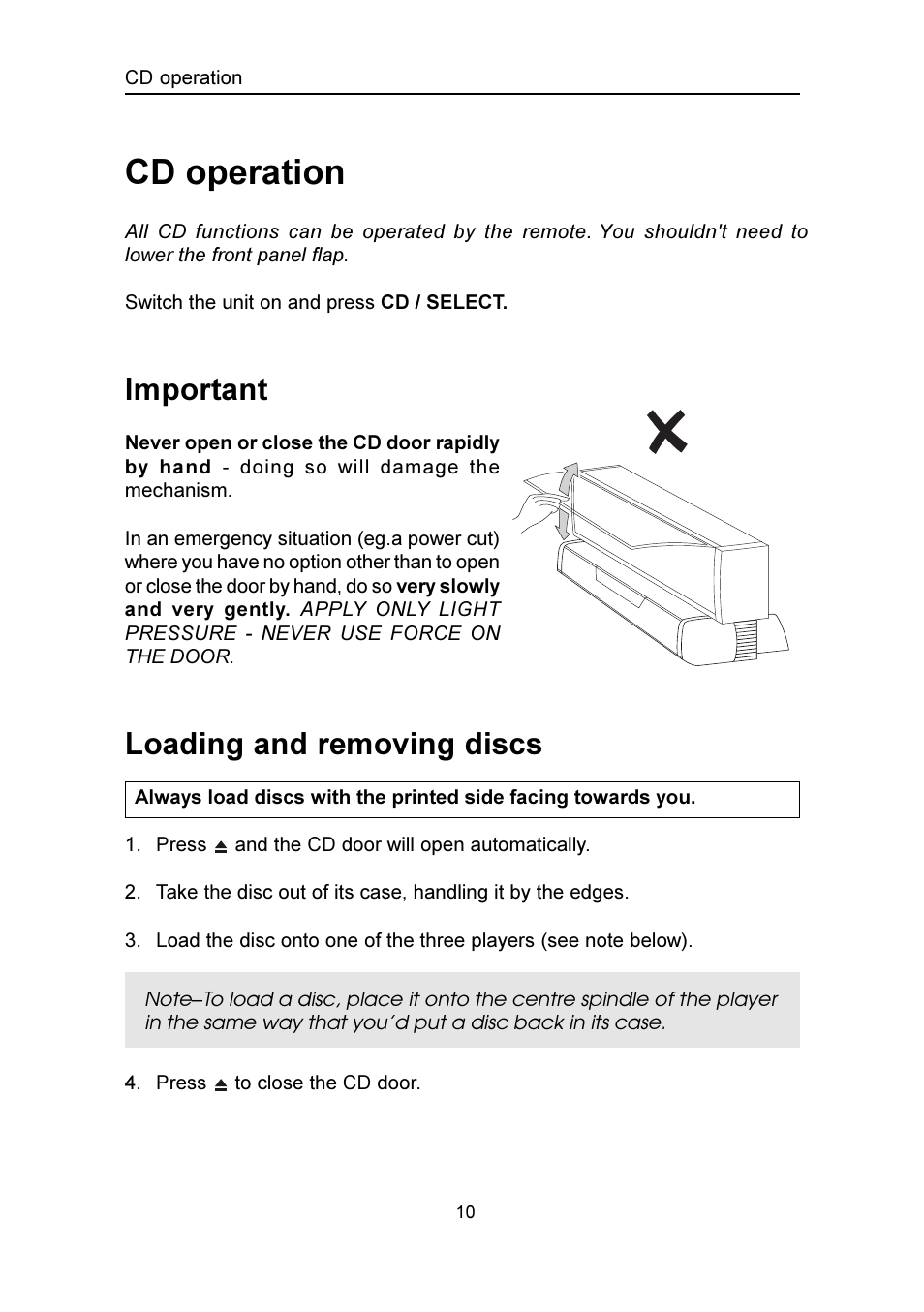 Cd operation, Important, Loading and removing discs | Emerson Radio MS3100 User Manual | Page 11 / 29