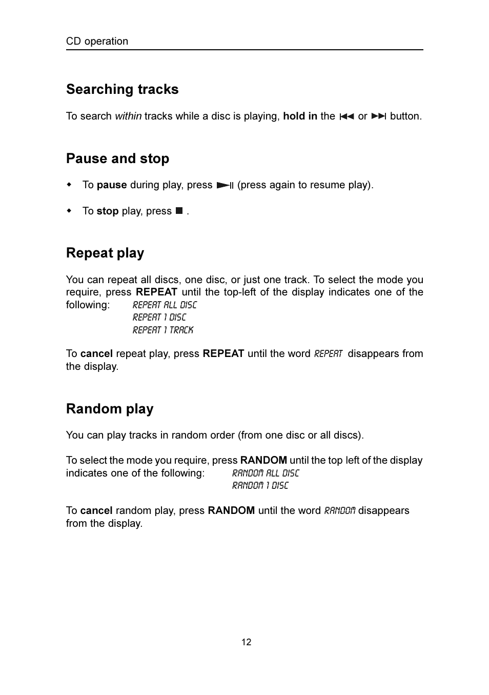 Searching tracks, Pause and stop, Repeat play | Random play | Emerson Radio MS3100 User Manual | Page 13 / 29