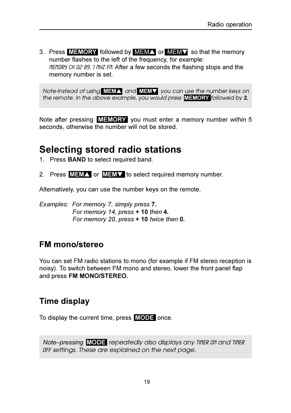 Selecting stored radio stations, Fm mono/stereo, Time display | Emerson Radio MS3100 User Manual | Page 20 / 29