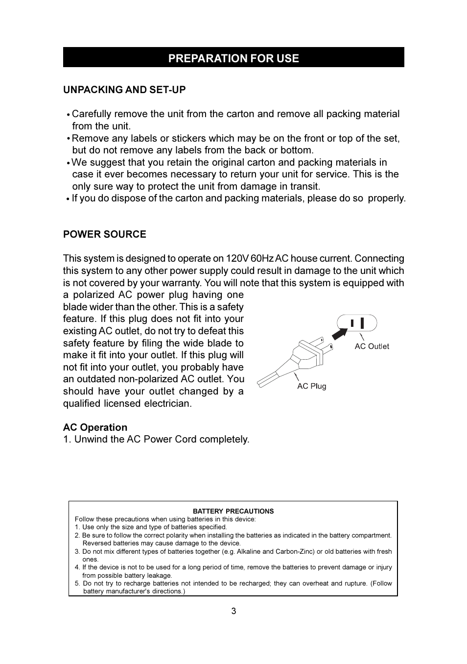 Preparation for use | Emerson Radio MS3100 User Manual | Page 4 / 29