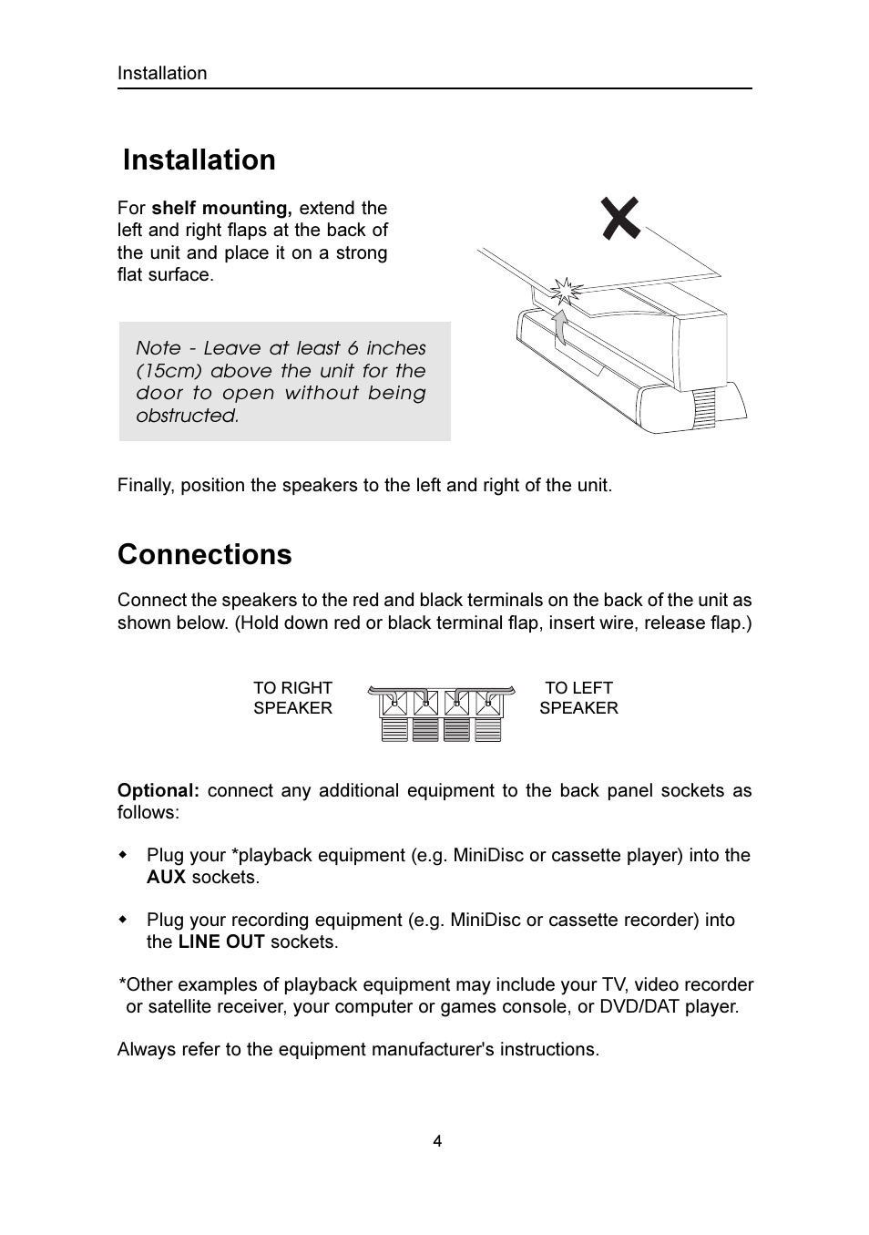 Connections, Installation | Emerson Radio MS3100 User Manual | Page 5 / 29