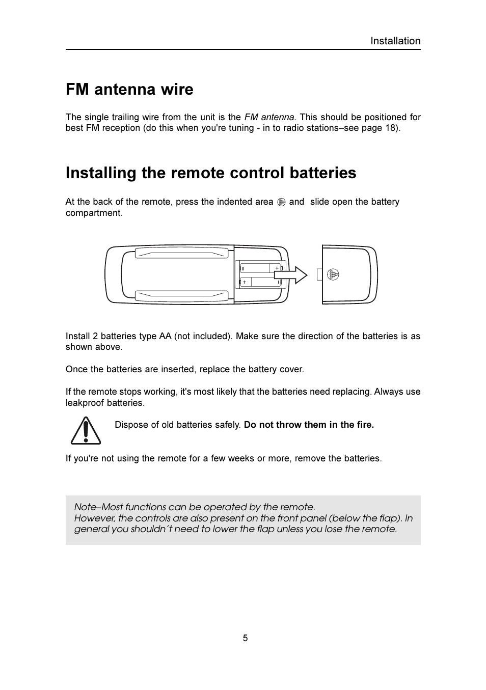 Fm antenna wire, Installing the remote control batteries | Emerson Radio MS3100 User Manual | Page 6 / 29