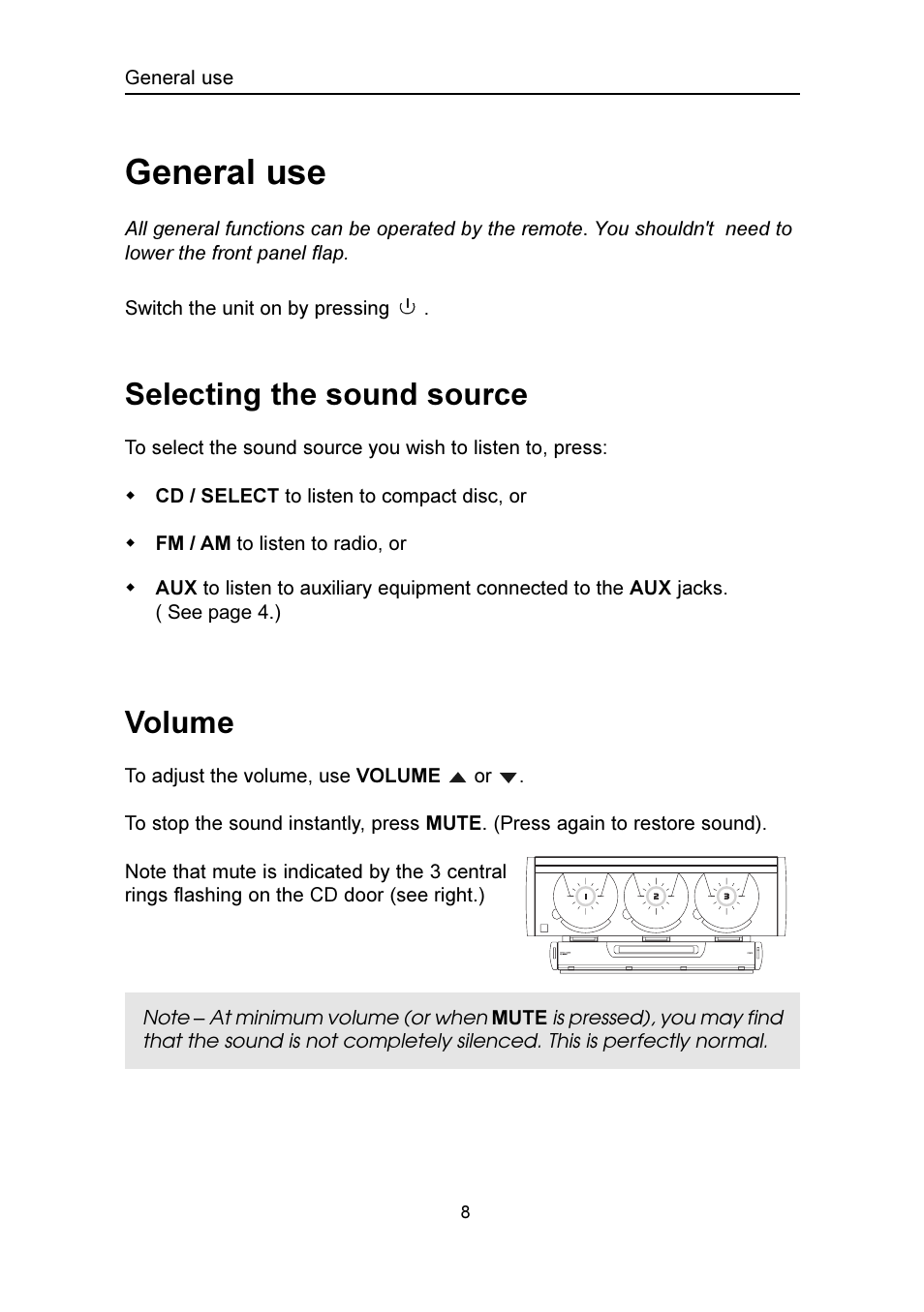General use, Selecting the sound source, Volume | Emerson Radio MS3100 User Manual | Page 9 / 29