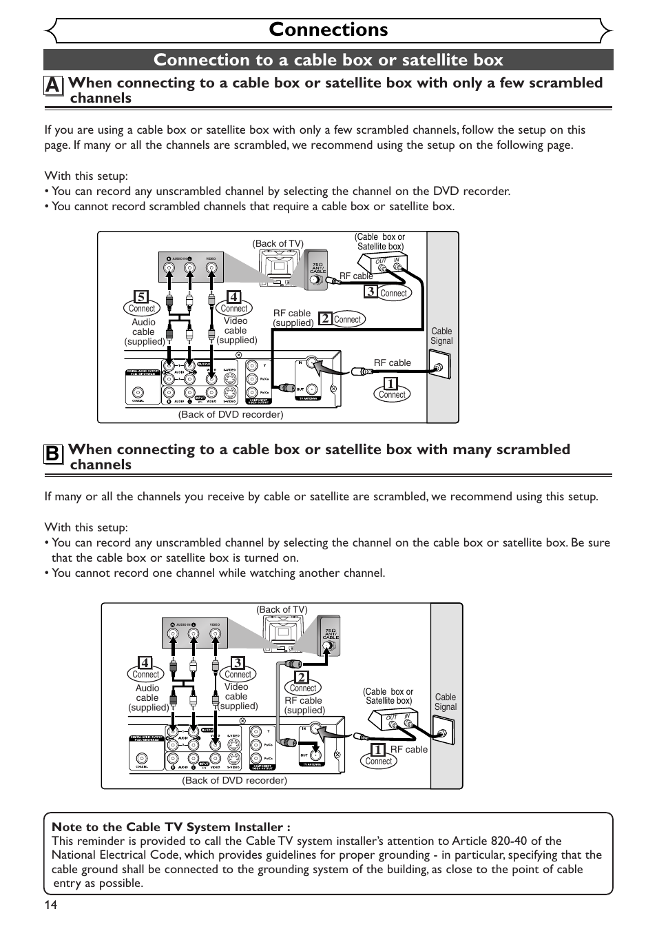 Connections, Connection to a cable box or satellite box | Emerson EWR10D4 User Manual | Page 14 / 100